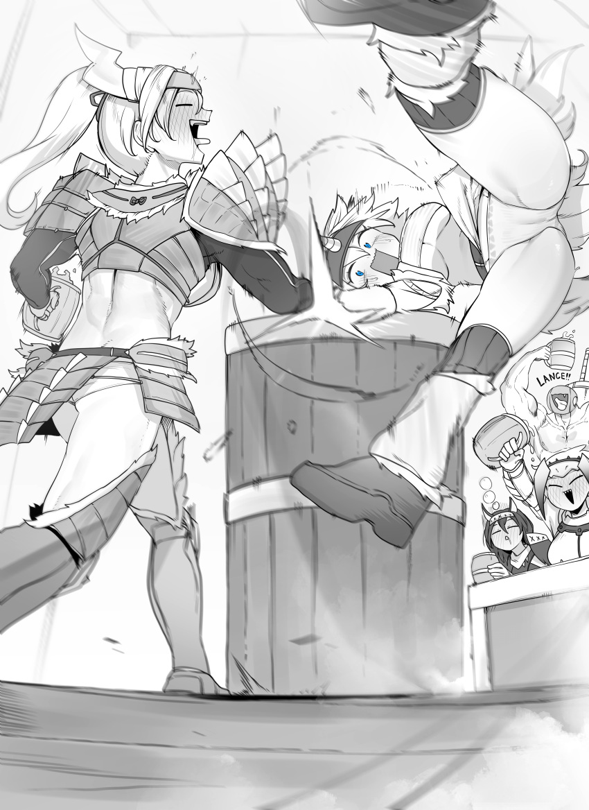 1boy 4girls absurdres arm_wrestling armor ass back barioth_(armor) beer_mug blue_eyes blush boots breasts cheering closed_eyes cup drink drooling drunk facing_another flat_ass full-face_blush greyscale height_difference high_ponytail highres holding holding_cup kirin_(armor) long_hair long_sleeves midair midriff monochrome monster_hunter_(character) monster_hunter_(series) motion_blur mug multiple_girls muscular muscular_male nargacuga_(armor) niwarhythm open_mouth panties shoulder_armor smile spread_legs standing strapless strong tongue tongue_out tube_top underboob underwear vest wooden_cup zinogre_(armor)