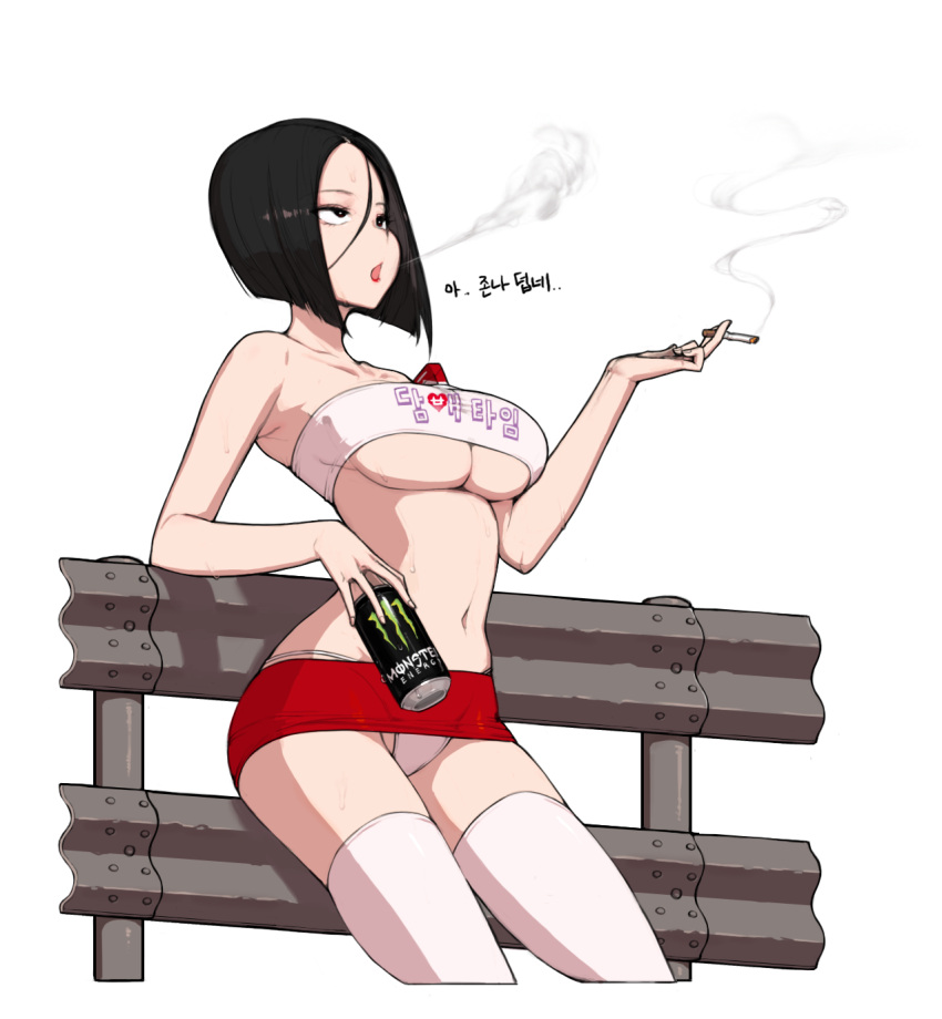 1girl :o bare_arms bare_shoulders between_breasts black_eyes black_hair breasts cigarette cigarette_pack collarbone cowboy_shot deliciousmeatart english_commentary forehead hair_between_eyes highres holding large_breasts leaning_back looking_up microskirt monster_energy navel open_mouth original panties pantyshot railing red_skirt shadow short_hair simple_background skirt smoking solo sweat translation_request underboob underwear white_background white_legwear white_panties