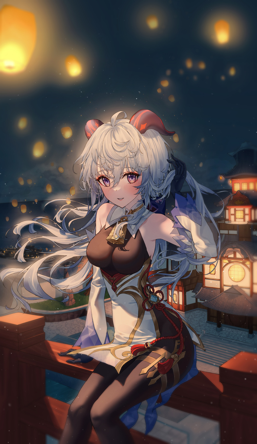 1girl absurdres ahoge bangs bare_shoulders bell black_gloves black_legwear blue_hair blush breasts city detached_sleeves eyebrows_visible_through_hair ganyu_(genshin_impact) genshin_impact gloves gold_trim highres horns lantern long_hair looking_at_viewer medium_breasts neck_bell night outdoors paper_lantern parted_lips purple_eyes sidelocks sitting smile solo tassel tem thighlet thighs vision_(genshin_impact) white_sleeves