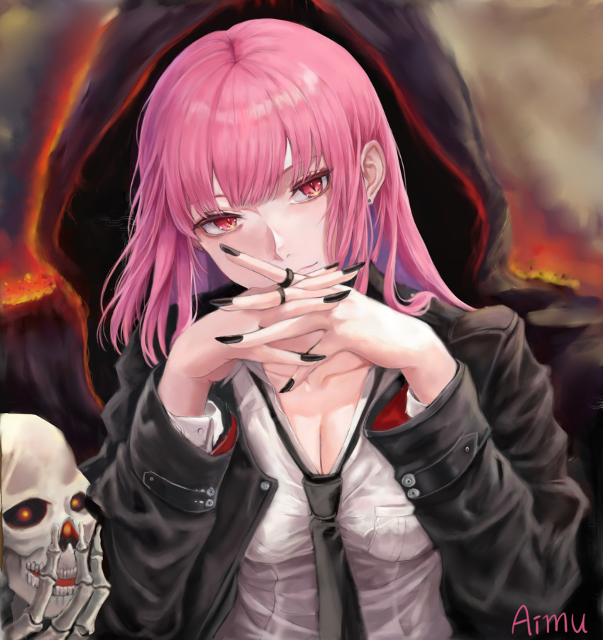 1girl aimu_(angry9565) artist_name bangs black_jacket black_nails black_necktie breasts cleavage collared_shirt crossed_fingers ear_piercing eyebrows_behind_hair highres hololive hololive_english jacket jewelry large_breasts long_hair long_sleeves looking_at_viewer mori_calliope necktie piercing pink_hair red_eyes ring shinigami shirt sidelocks skull smile upper_body virtual_youtuber