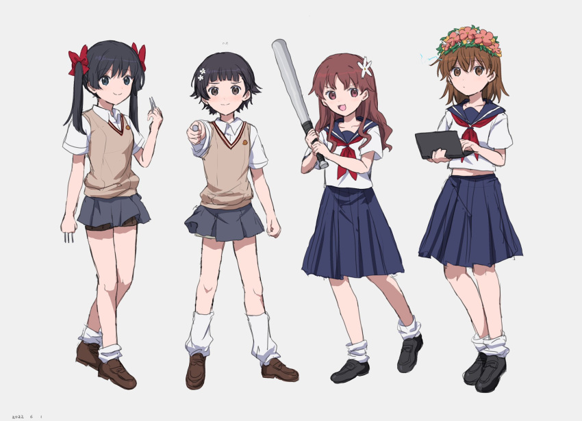 4girls alternate_hair_color alternate_hairstyle baseball_bat black_footwear black_hair blue_sailor_collar blue_skirt bow brown_eyes brown_footwear brown_hair brown_vest coin collarbone commentary_request computer cosplay costume_switch flower full_body hair_bow hair_flower hair_ornament hairstyle_switch head_wreath highres holding holding_baseball_bat holding_coin holding_laptop holding_needle laptop loafers long_hair looking_at_viewer misaka_mikoto multiple_girls neckerchief needle red_bow red_neckerchief sailor_collar sakugawa_school_uniform saten_ruiko school_uniform serafuku shirai_kuroko shirt shoes short_hair short_sleeves simple_background skirt socks sweater_vest takatisakana toaru_kagaku_no_railgun toaru_majutsu_no_index tokiwadai_school_uniform twintails uiharu_kazari vest white_background white_legwear white_shirt