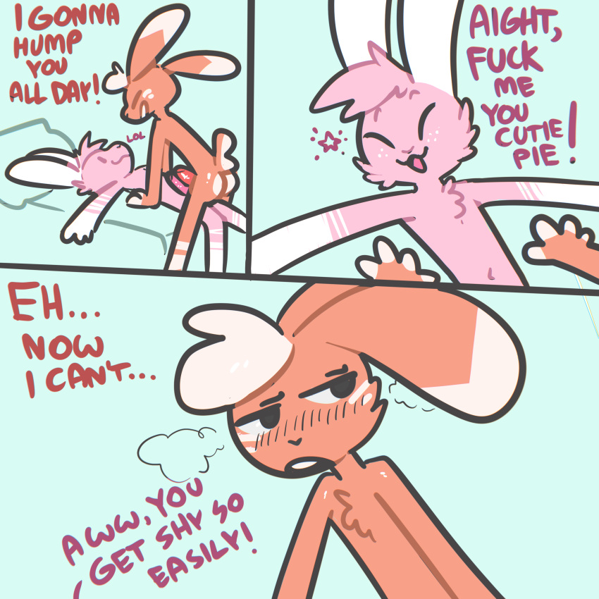 3_panel_comic absurd_res anthro averted_gaze bed blue_background blush blush_lines buckteeth butt cheek_tuft chest_tuft duo erection eyes_closed facial_tuft frottage fur furniture genitals half-closed_eyes hi_res humanoid_genitalia humanoid_penis humor imminent_sex lagomorph leporid lying lying_on_bed male male/male mammal narrowed_eyes on_back on_bed open_mouth open_smile orange_body orange_fur penis pink_body pink_fur rabbit sex simple_background smile teeth the_xing1 tuft white_body white_fur