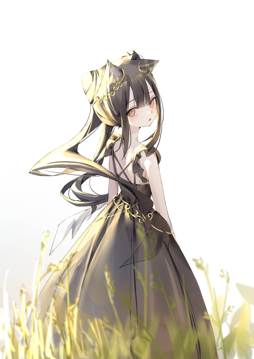 0_(znanimo) 1girl absurdres animal_ear_fluff animal_ears arknights backless_dress backless_outfit black_dress black_hair blush breasts cowboy_shot dress eyebrows_visible_through_hair hair_ornament highres long_hair looking_at_viewer looking_back simple_background sleeveless sleeveless_dress small_breasts solo straight_hair symbol-only_commentary texas_(arknights) twintails white_background wolf_ears wolf_girl yellow_eyes