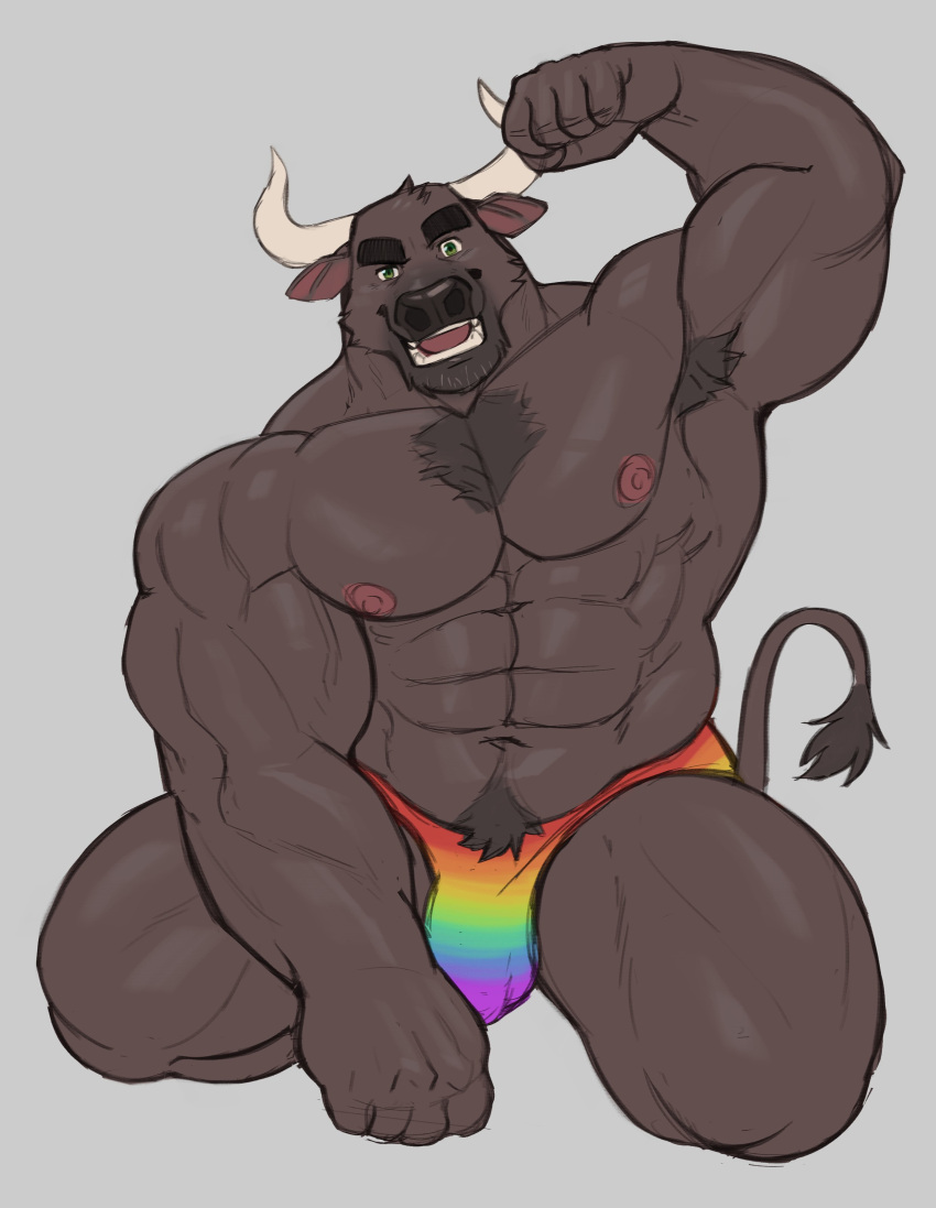 2022 abs absurd_res adios anthro armpit_hair biceps body_hair bovid bovine brown_body brown_fur bulge cattle clothed clothing flexing fur genital_outline green_eyes grey_background hi_res horn kneeling lgbt_pride looking_at_viewer male mammal muscular muscular_male nipples open_mouth pecs penis_outline pose pride_colors pubes quads simple_background skimpy solo tail_tuft teeth thong tongue triceps tuft underwear