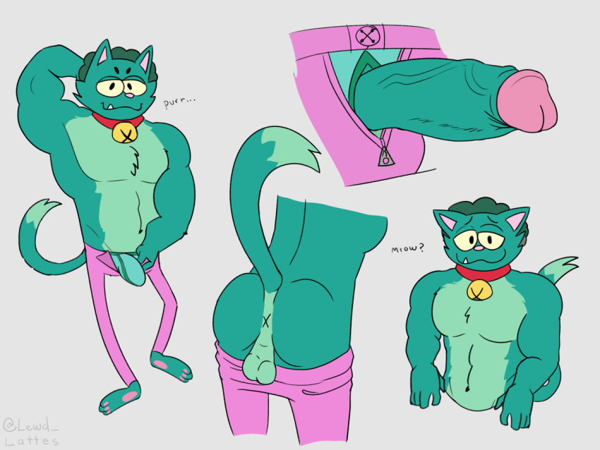 4:3 animal_humanoid anthro anus bell bell_collar bottomwear bottomwear_down bulge cartoon_network cat_humanoid clothed clothing collar domestic_cat erection felid felid_humanoid feline feline_humanoid felis flexing fur green_body green_fur humanoid lewd_latte male mammal mammal_humanoid ok_k.o.!_let's_be_heroes okko open_bottomwear open_clothing open_pants pants pants_down partially_clothed pose purring radicles raised_tail sketch_page solo underwear