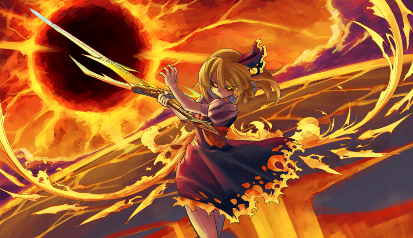 1girl a-xii alternate_color alternate_weapon ascot black_sun blonde_hair burnt_clothes closed_mouth colored_sclera commentary_request cowboy_shot eyebrows_visible_through_hair fiery_wings fire flandre_scarlet glowing glowing_eyes grey_shirt hair_between_eyes hair_ribbon hands_up highres holding holding_sword holding_weapon laevatein_(touhou) looking_at_viewer low_wings no_hat no_headwear no_pupils one_side_up puffy_short_sleeves puffy_sleeves red_ascot red_sclera ribbon serious shirt short_hair short_sleeves solo sun sword torn_ascot touhou weapon wings yellow_eyes yellow_theme