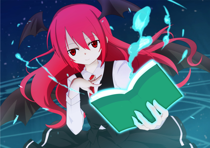 1girl bat_wings black_skirt black_vest blue_background book commentary_request dot_nose dutch_angle eyebrows_visible_through_hair glowing hair_between_eyes hand_on_own_chest head_wings highres holding holding_book koakuma long_hair long_sleeves looking_at_viewer magic magic_circle necktie open_book red_eyes red_hair red_necktie sidelocks simple_background skirt skirt_set smile solo touhou tsuukinkaisoku_oomiya upper_body vest wings