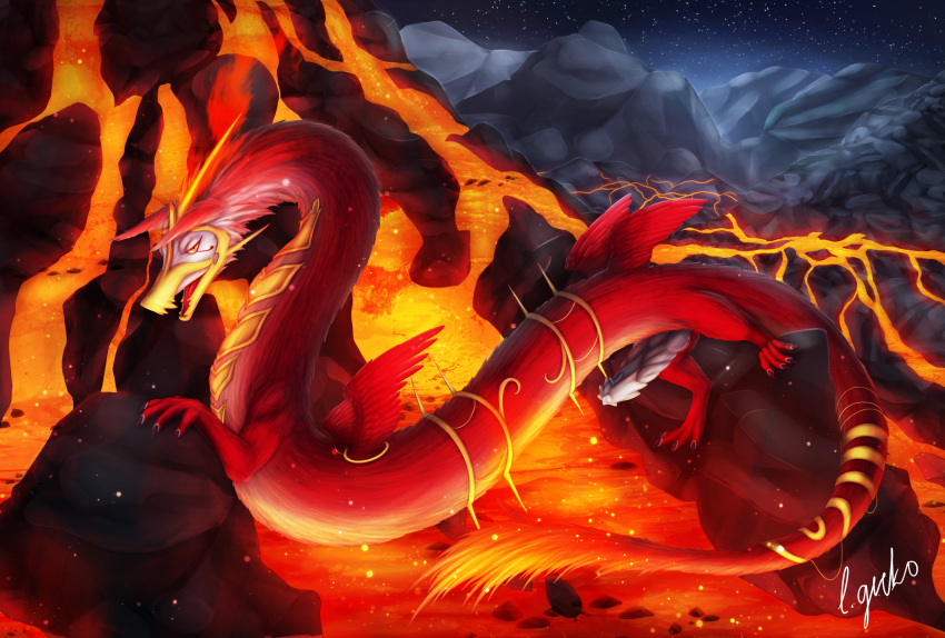 absurd_res asian_mythology blaze_(arkonderwolf) claws digital_media_(artwork) dragon east_asian_mythology eastern_dragon feathered_wings feathers feral fur genitals hi_res l.gecko lava looking_at_viewer male mythology on_rock open_mouth outside penis pink_penis red_body red_fur rock scales scalie solo volcano white_body white_fur wings