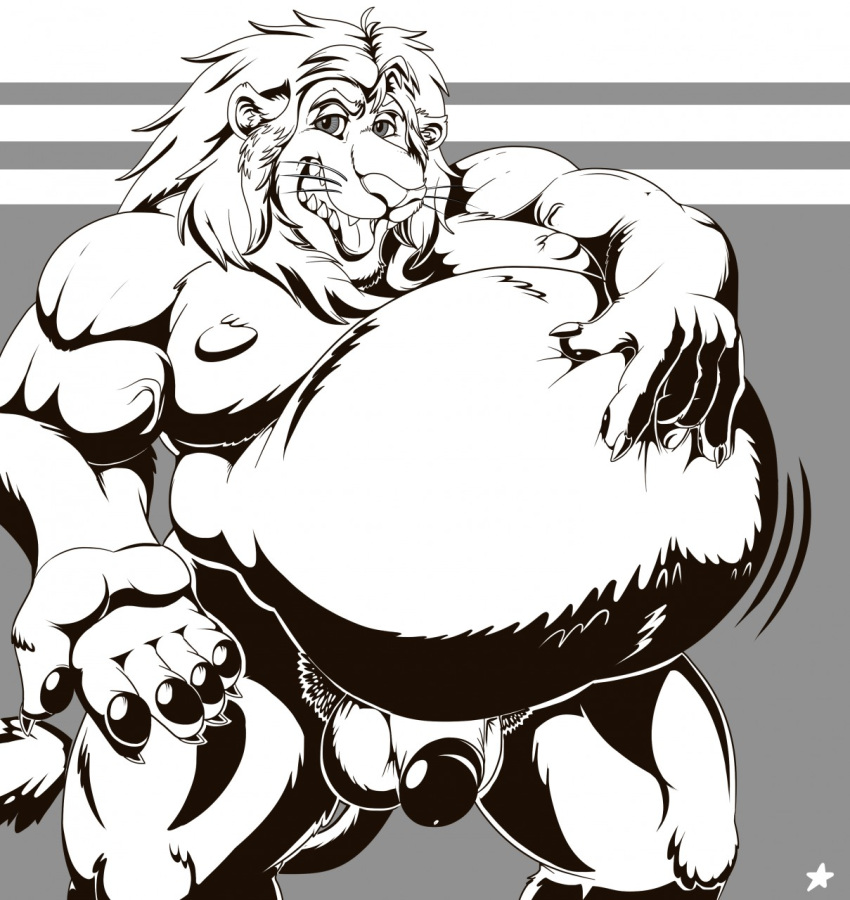 anthro balls belly big_belly disney eggo21 felid genitals hand_on_stomach hi_res leodore_lionheart lion male mammal muscular muscular_male open_mouth overweight pantherine penis pubes solo strongfat tongue zootopia