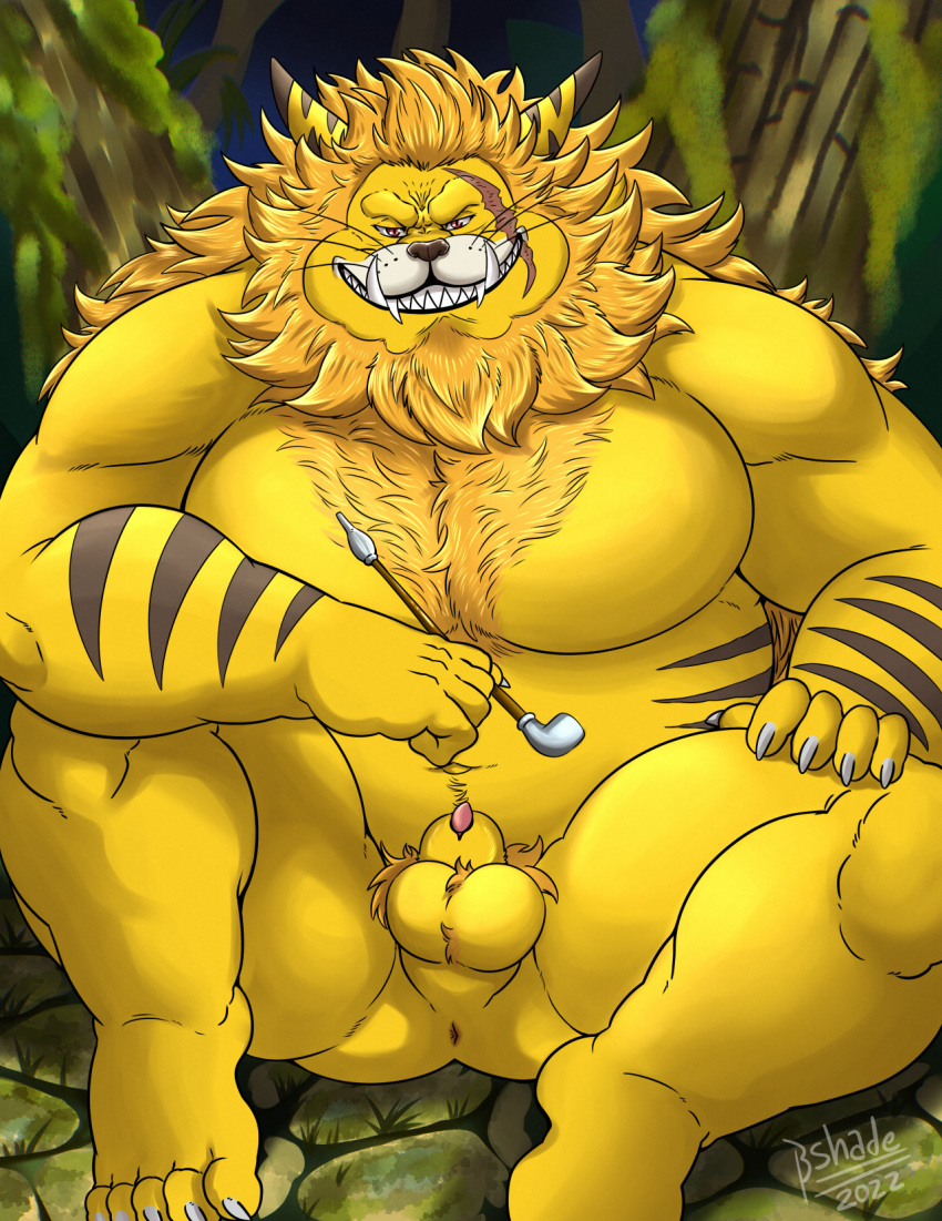 animal_genitalia anthro anus ball_tuft balls belly felid fur genitals hair hairy hi_res lion male mammal mane mane_hair musclegut navel nekomamushi nude one_piece pantherine pecs penis pipe pubes scar shade_the_wolf sharp_teeth sheath sitting solo tapering_penis teeth tuft yellow_body yellow_fur