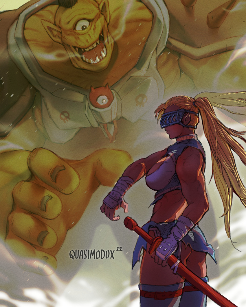1boy 1girl abigail_(final_fight) absurdres adapted_costume armor ass blonde_hair breasts covered_eyes crop_top crossover cyclops elden_ring english_commentary fighting_stance final_fight flat_ass fusion half_mask hand_on_sheath hand_wraps highres japanese_armor kote large_breasts long_hair malenia_blade_of_miquella mask mohawk monster_boy muscular muscular_female muscular_male one-eyed parody pauldrons quasimodox rainbow_mika ready_to_draw scabbard sheath sheathed shoulder_armor size_difference spiked_pauldrons street_fighter street_fighter_v sword thighhighs twintails weapon