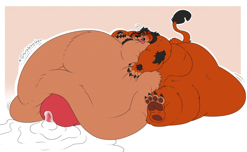 anthro belly big_belly big_penis black_hair bodily_fluids disney eggo21 erection excessive_precum felid fur genital_fluids genitals hair hand_on_stomach huge_penis hyper hyper_belly hyper_genitalia hyper_penis leaking_precum lion male mammal morbidly_obese obese orange_body orange_fur overweight pantherine penis precum rumbling_stomach scar_(the_lion_king) solo sweat the_lion_king weight_gain