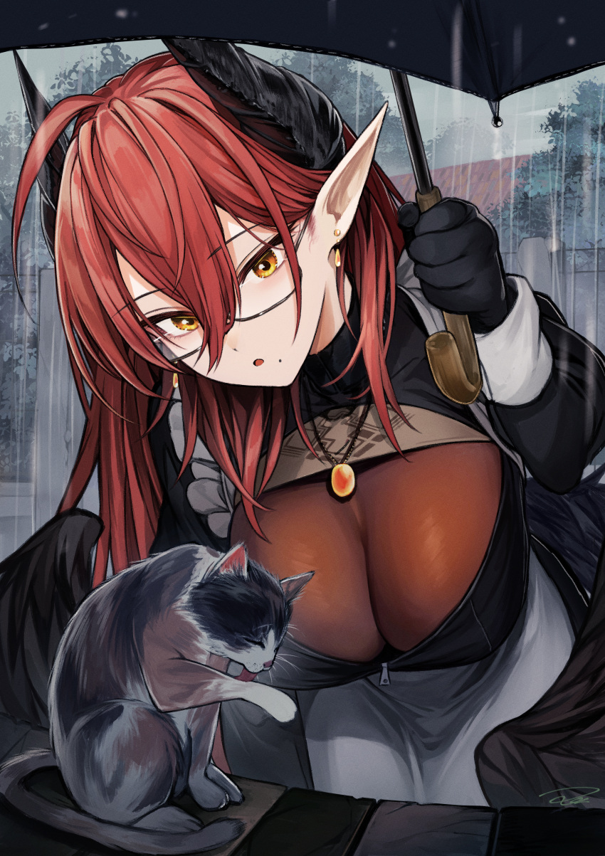 1girl absurdres apron bangs black_dress black_gloves black_wings bodystocking breasts cat cleavage demon_horns dress earrings glasses gloves hair_behind_ear hair_between_eyes highres holding holding_umbrella horns isabella_(marse) jewelry large_breasts leaning_forward long_hair long_sleeves looking_at_animal marse_(rokudaime) mole mole_under_mouth necklace original outdoors parted_lips pointy_ears rain red_eyes red_hair signature solo umbrella white_apron wings yellow_eyes