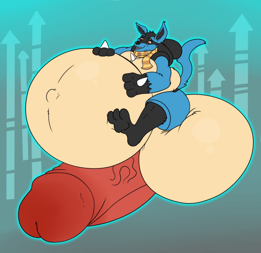 anthro balls belly big_balls big_belly big_penis blue_body blue_fur eggo21 erection eye_scar facial_scar fur genitals hand_on_stomach hi_res huge_balls huge_penis hyper hyper_balls hyper_genitalia hyper_penis inflation lucario male morbidly_obese navel nintendo obese outie_navel overweight penis pok&eacute;mon pok&eacute;mon_(species) scar scarf solo video_games