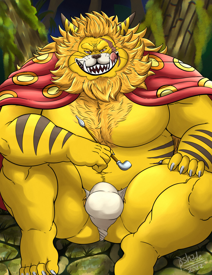 anthro asian_clothing belly bulge cape clothing east_asian_clothing felid fundoshi fur hair hi_res japanese_clothing lion male mammal mane mane_hair musclegut navel nekomamushi one_piece pantherine pecs pipe shade_the_wolf sharp_teeth sitting solo teeth underwear yellow_body yellow_fur