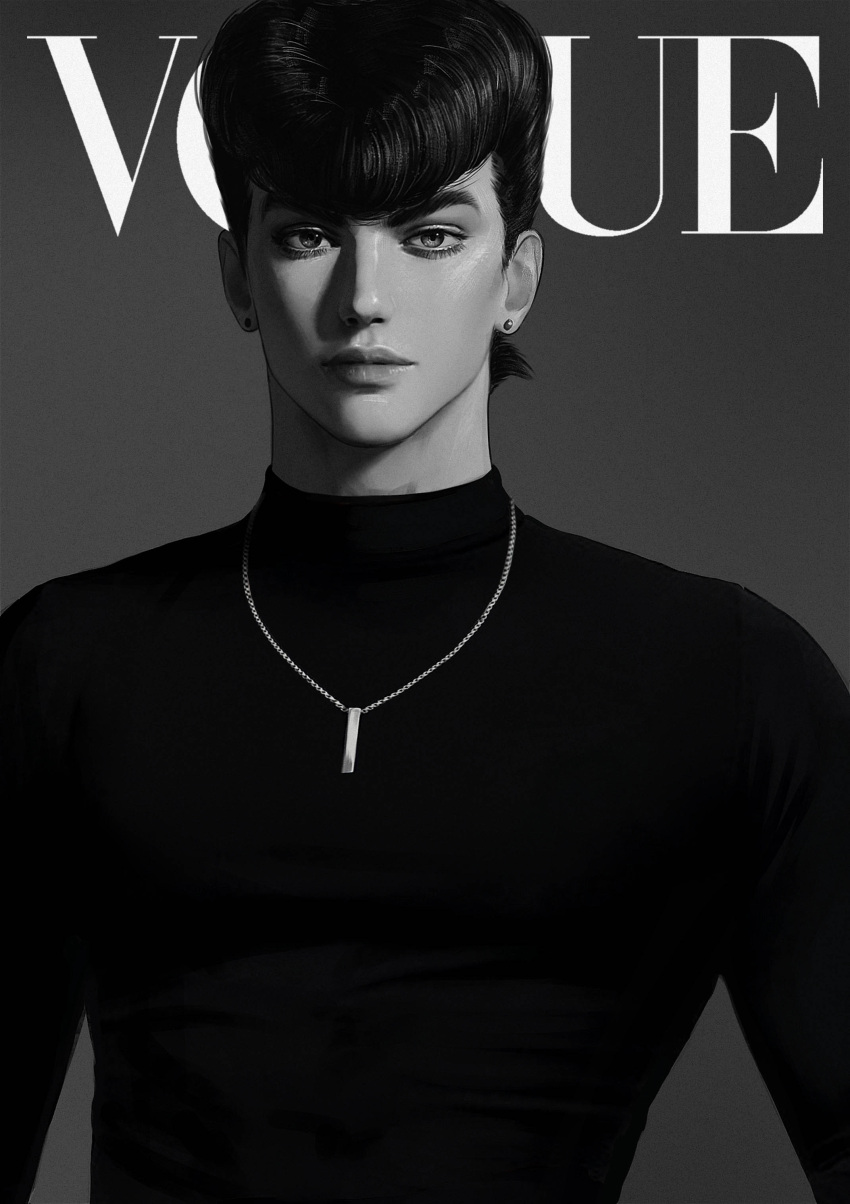 1boy absurdres cover diamond_wa_kudakenai earrings expressionless fake_magazine_cover fashion greyscale higashikata_josuke highres jewelry jojo_no_kimyou_na_bouken kkoo_(jubin0816) looking_at_viewer magazine_cover monochrome necklace pompadour realistic shirt simple_background solo stud_earrings upper_body