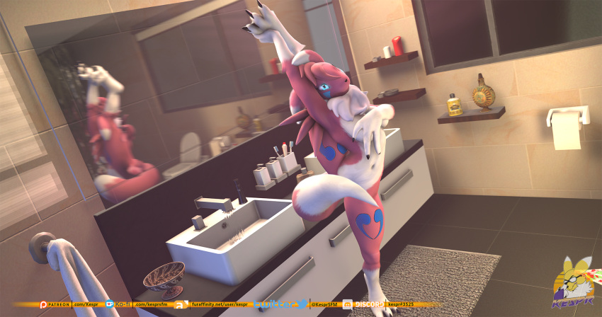 3d_(artwork) anthro bandai_namco bathroom black_nose breasts claws covering covering_breasts covering_crotch covering_self digimon digimon_(species) digital_media_(artwork) digitigrade dipstick_ears dipstick_tail facial_markings female flexible floppy_ears head_markings head_tuft hi_res inside kespr leg_markings looking_at_viewer markings meme mirror multicolored_body multicolored_ears navel neck_tuft nude pink_body raised_leg reflection renamon reyna_(lamont786) shoulder_tuft solo tail_markings thigh_markings toe_claws tuft two_tone_body white_body
