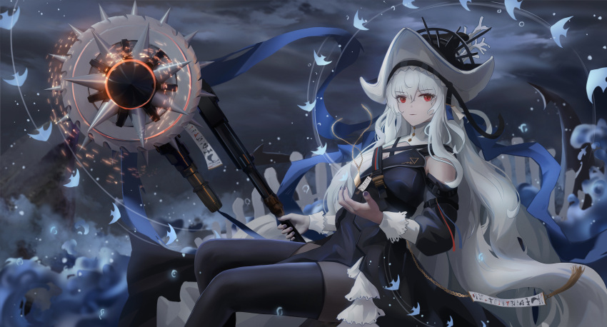 absurdres arknights black_background black_dress black_headwear black_legwear breasts bubble chain circular_saw commentary detached_sleeves dress english_commentary feet_out_of_frame fish hair_between_eyes hand_up hat hat_ornament highres holding holding_weapon ling_dianxia long_hair looking_at_viewer official_alternate_costume pantyhose parted_lips purple_nails red_eyes sitting sleeveless sleeveless_dress small_breasts specter_(arknights) specter_the_unchained_(arknights) tassel thighhighs thighhighs_over_pantyhose thighs underwater very_long_hair weapon