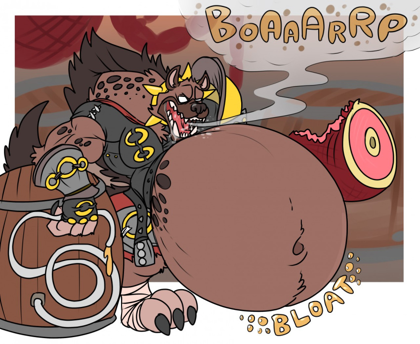 anthro belly big_belly blizzard_entertainment bloated bodily_fluids burping eggo21 food gnoll hyaenid male mammal meat muscular muscular_male open_mouth saliva sharp_teeth solo stuffing teeth tongue video_games warcraft