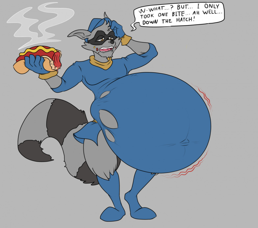 anthro belly big_belly bloated eggo21 food fur grey_body grey_fur hot_dog inflation male mammal mask procyonid raccoon sly_cooper sly_cooper_(series) solo sony_corporation sony_interactive_entertainment sucker_punch_productions video_games