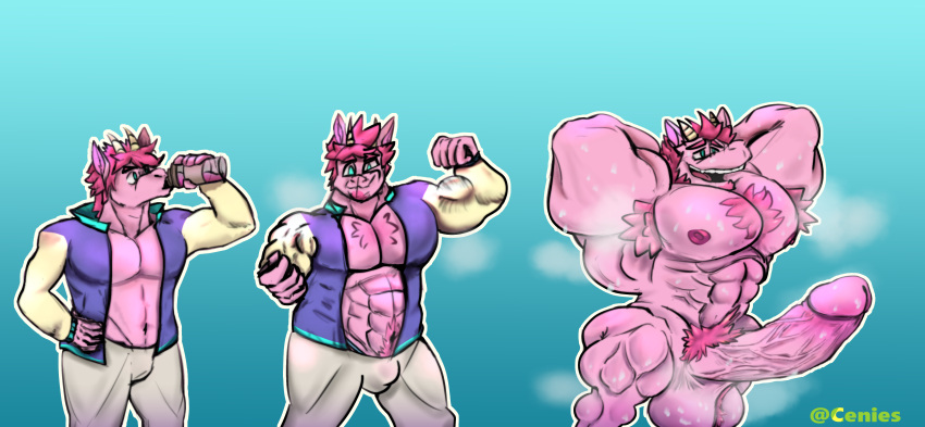 absurd_res anthro armpit_hair balls bodily_fluids body_hair bovid brutification caprine cenies chest_hair clothing dilly_goat fur genitals goat growth hair hairy hi_res himbo himbofication humanoid jacket jock letterman male mammal muscle_growth muscular penis pink_body pink_fur pink_hair pubes sequence short_stack solo steam sweat sweaty_balls sweaty_genitalia sweaty_penis tight_clothing topwear transformation translucent translucent_clothing vein veiny_penis