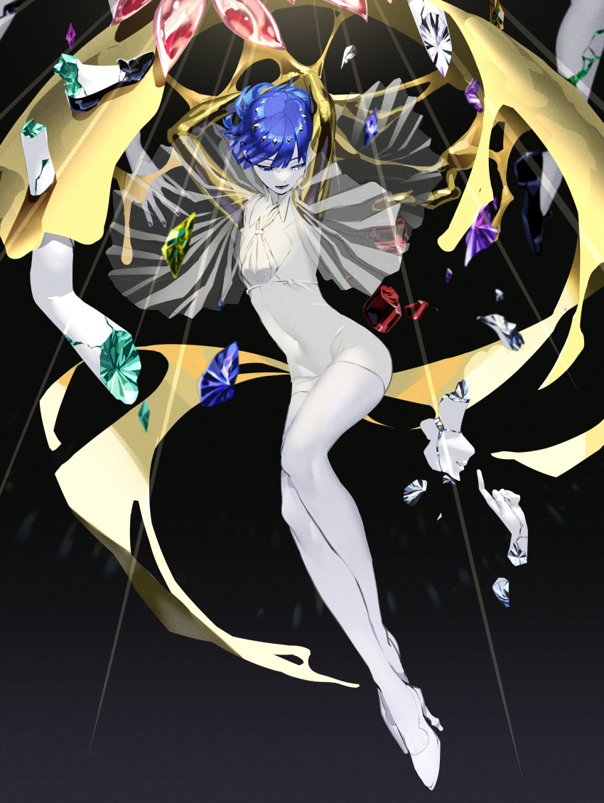 absurdres amethyst_(houseki_no_kuni) androgynous antarcticite bangs blue_hair blunt_bangs broken cinnabar_(houseki_no_kuni) colored_skin gem gold golden_arms heterochromia high_heels highres houseki_no_kuni jade_(houseki_no_kuni) lapis_lazuli_(gemstone) legs limbs looking_down melting moon_uniform_(houseki_no_kuni) morganite_(houseki_no_kuni) multiple_others necktie other_focus out_of_frame phosphophyllite phosphophyllite_(ll) purple_gemstone see-through see-through_sleeves severed_hand severed_leg severed_limb shards short_hair solo_focus spoilers take_bayashi_3d very_short_hair white_eyes white_skin