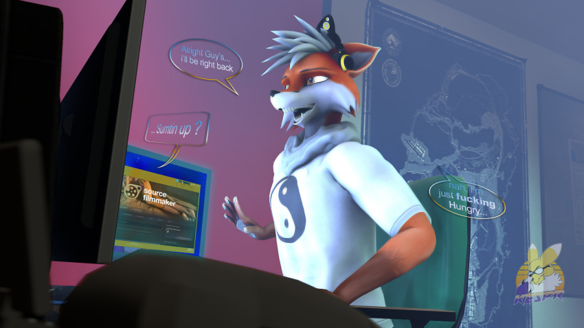 3d_(artwork) anthro black_nose canid canine cheek_tuft clothed clothing dialogue digital_media_(artwork) english_text eyebrows facial_tuft fox hair headphones hi_res kespr male mammal monitor multicolored_body open_mouth profanity red_body shirt short_hair side_view sitting solo speech_bubble teeth text tongue topwear tuft two_tone_body white_body white_clothing white_hair white_shirt white_topwear yin_yang
