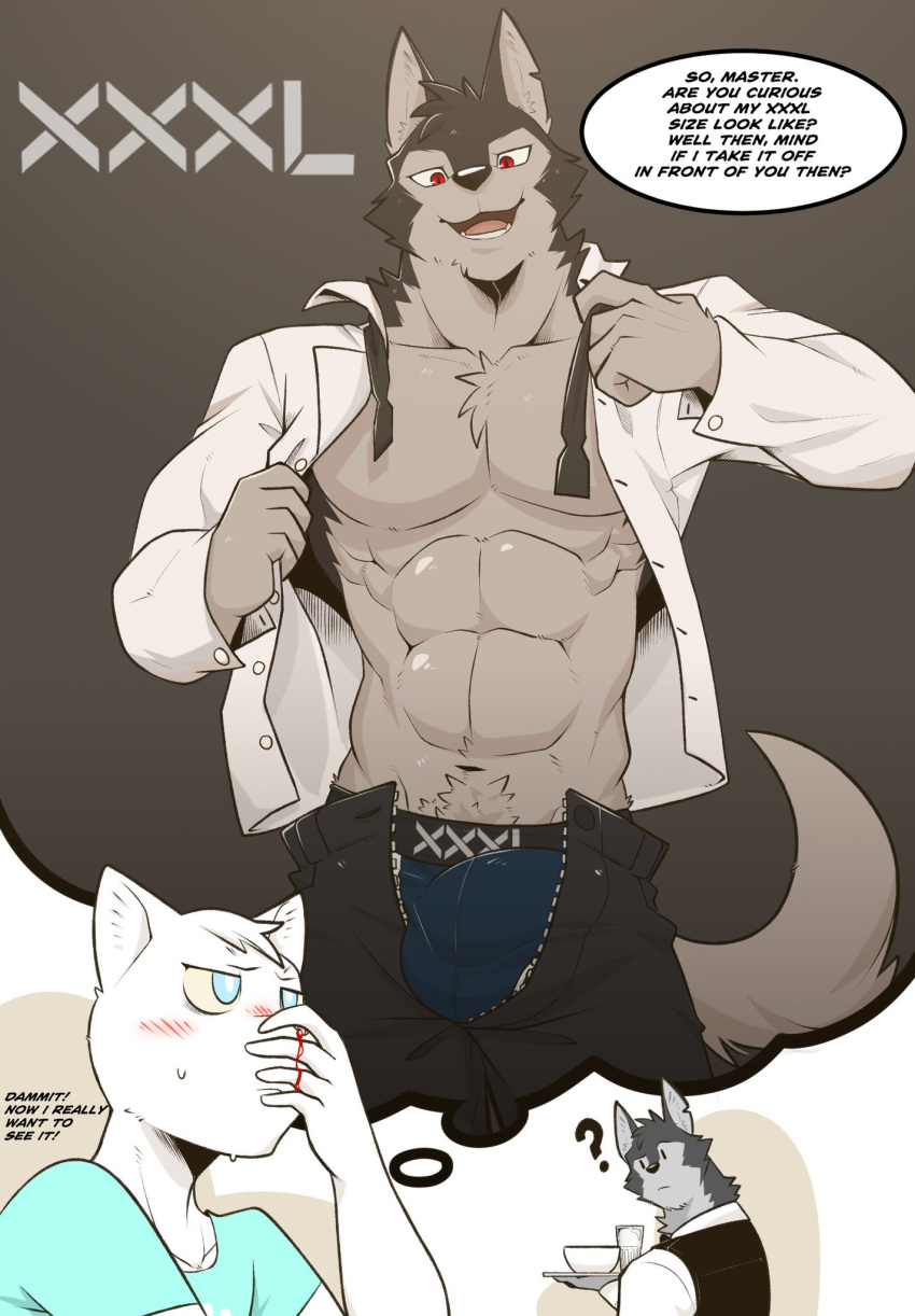 abs animal_humanoid anthro biceps black_body black_fur blood blue_eyes blush bodily_fluids canid canine canis clothed clothing digital_media_(artwork) duo english_text felid felid_humanoid feline feline_humanoid fur grey_body grey_fur hair hi_res humanoid male male/male mammal mammal_humanoid nosebleed oleola123 partially_clothed red_eyes simple_background smile text tongue undressing white_body white_fur wolf wolf_butler wolf_butler_and_his_cat_master young_master
