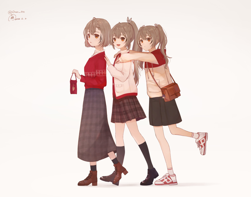 3girls :d :o absurdres ahoge alternate_costume ankle_boots bangs black_legwear blue_hair boots bow bowtie braid braided_bangs brown_bag brown_eyes brown_hair cardigan feather_hair_ornament feathers friend_(nanashi_mumei) frills grey_skirt hair_intakes hair_ornament hairclip hands_on_another's_shoulders hat highres hololive hololive_english keychain kneehighs long_hair long_skirt looking_at_viewer mechanical_halo multicolored_hair multiple_girls multiple_persona nanashi_mumei oran_030 ouro_kronii plaid plaid_skirt pleated_skirt ponytail red_bag red_shirt red_sweater shirt shoes short_hair skirt smile sneakers socks streaked_hair sweater top_hat twintails two-tone_hoodie very_long_hair virtual_youtuber white_cardigan yukkuri_shiteitte_ne