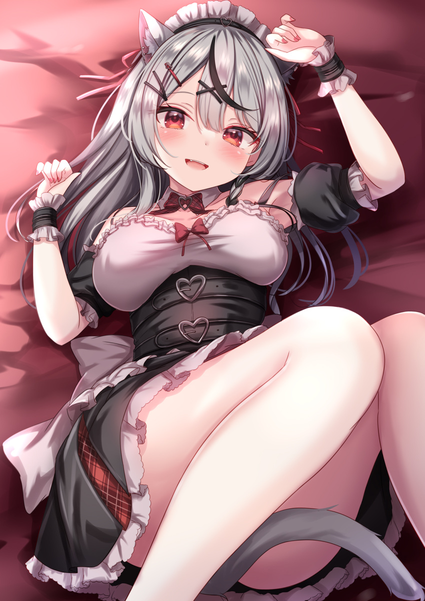 1girl :d animal_ear_fluff animal_ears bangs bare_legs black_hair black_skirt blush bow bowtie breasts cat_ears cat_tail detached_collar detached_sleeves extra_ears feet_out_of_frame frilled_sleeves frills grey_hair hair_ornament high-waist_skirt highres hololive knees_up large_breasts long_hair looking_at_viewer lying maid_headdress multicolored_hair nail_polish on_back puffy_short_sleeves puffy_sleeves red_bow red_bowtie red_eyes red_nails sakamata_chloe shirt short_sleeves skirt smile solo streaked_hair tail tail_censor virtual_youtuber white_background white_shirt x_hair_ornament yuano