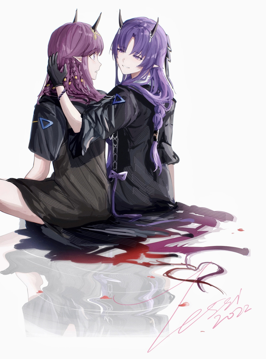 2girls absurdres adjusting_another's_hair arknights bangs black_dress black_gloves bracelet braid dazed dress eye_contact eyebrows_visible_through_hair gloves heart hibiscus_(arknights) hibiscus_the_purifier_(arknights) highres horns jewelry lava_(arknights) lava_the_purgatory_(arknights) long_hair long_sleeves looking_at_another multiple_braids multiple_girls open_mouth parted_bangs parted_lips pointy_ears purple_eyes purple_hair purple_ribbon reflection ribbon short_sleeves siblings signature simple_background sisters sitting smile twins very_long_hair white_background zuo_daoxing