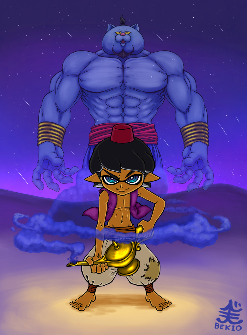 2019 5_fingers 5_toes abs absurd_res aladdin_(disney) anthro barefoot bekio blue_eyes brown_body brown_skin cephalopod clothing cosplay crossover crossover_cosplay disney disney's_aladdin duo feet fingers genie_(disney) hi_res humanoid humanoid_pointy_ears inkling judd male marine mollusk muscular muscular_anthro muscular_male night nintendo signature sky splatoon star starry_sky toes topwear vest video_games