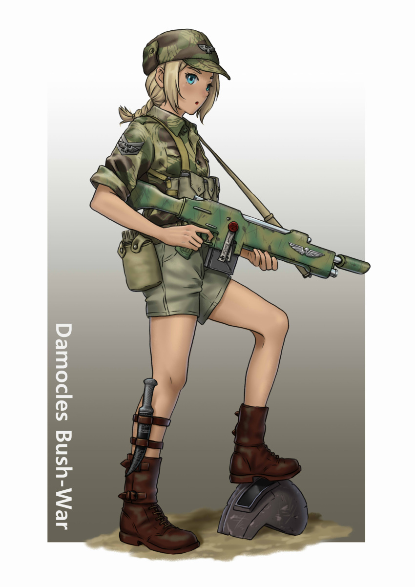 1girl absurdres aqua_eyes assault_rifle belt_pouch blonde_hair boots border braid camouflage camouflage_headwear camouflage_shirt collared_shirt english_commentary english_text full_body gradient gradient_background green_shirt green_shorts gun hat highres holding holding_gun holding_weapon knife leather leather_boots leg_belt looking_at_viewer mardjan medium_hair open_mouth outside_border pouch rifle shirt short_shorts shorts sidelocks simple_background single_braid sleeves_rolled_up solo standing stepped_on thighhighs warhammer_40k weapon white_border wing_collar