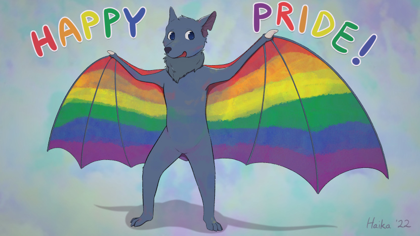 2022 ambiguous_gender anthro bat_wings blue_eyes chiropteran english_text haika happy hi_res lgbt_pride male male/male mammal membrane_(anatomy) membranous_wings paint paint_on_self pride_color_flag pride_colors rainbow rainbow_flag rainbow_symbol solo spread_wings text wings writing_(disambiguation)