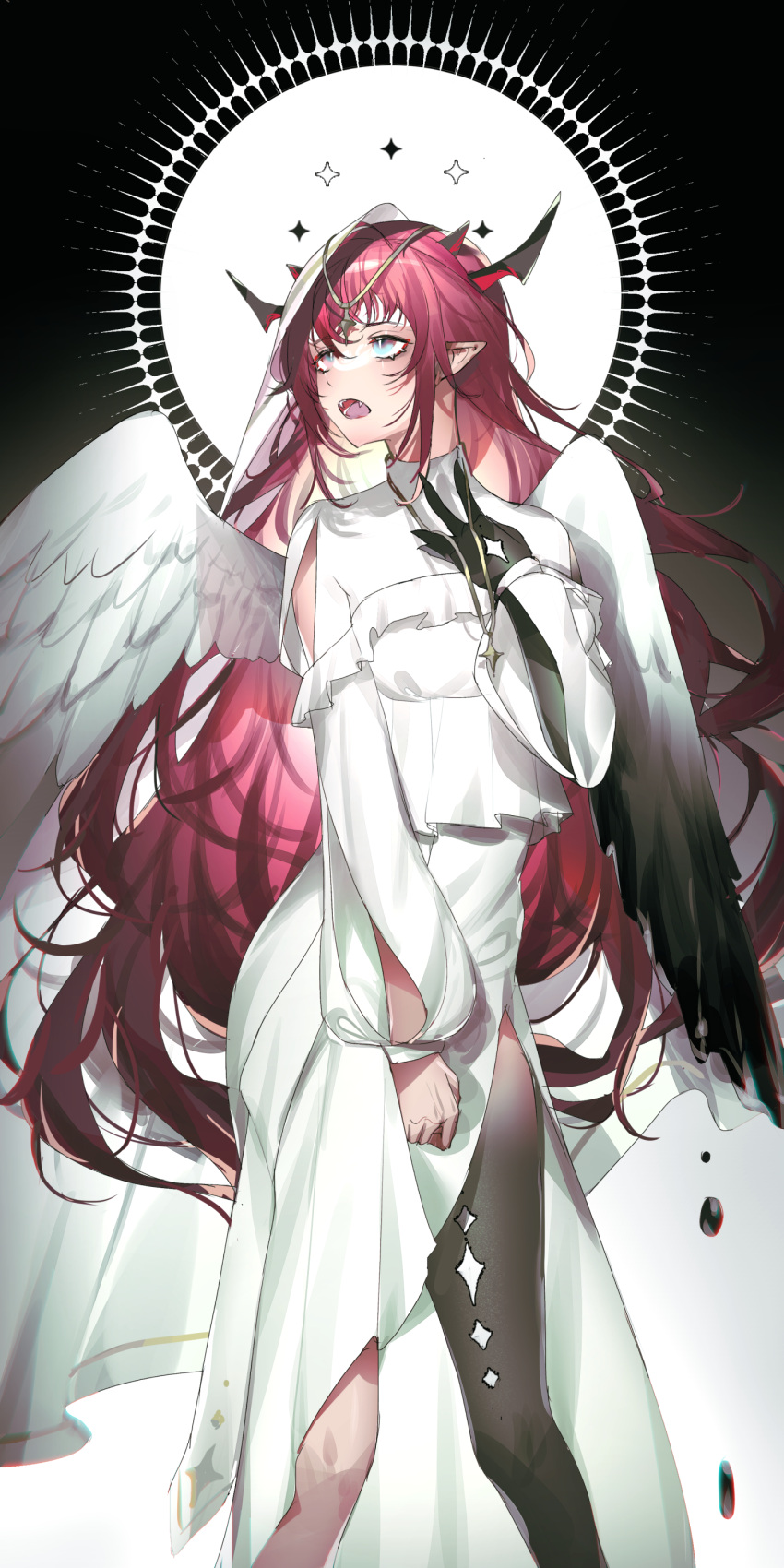 1girl absurdres bangs black_gloves black_legwear blue_eyes dress fangs feathered_wings gloves highres hololive hololive_english horns irys_(hololive) long_hair long_sleeves looking_away mismatched_wings multiple_horns open_mouth pointy_ears red_hair single_glove single_thighhigh solo thighhighs veil very_long_hair virtual_youtuber white_dress wings ysoroth
