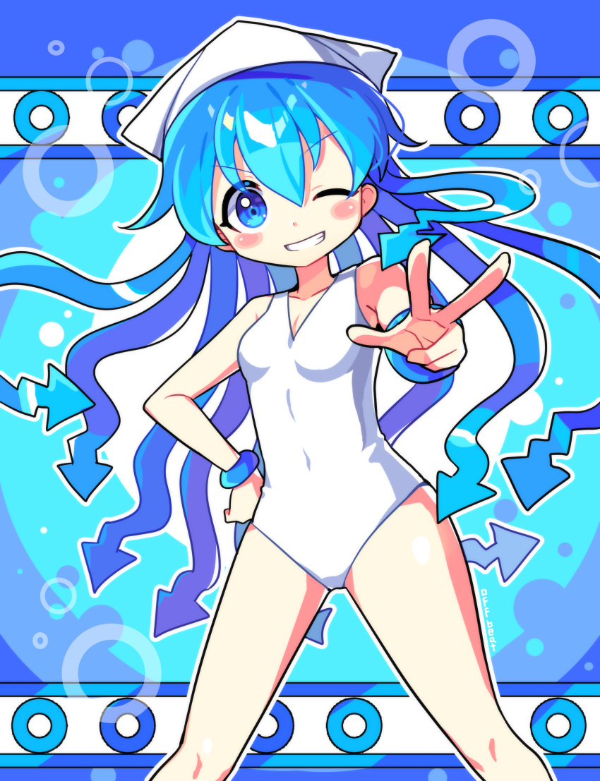 absurdres blue_eyes blue_hair blush breasts grin highres ikamusume long_hair looking_at_viewer offbeat one-piece_swimsuit one_eye_closed shinryaku!_ikamusume small_breasts smile swimsuit tentacle_hair v white_swimsuit