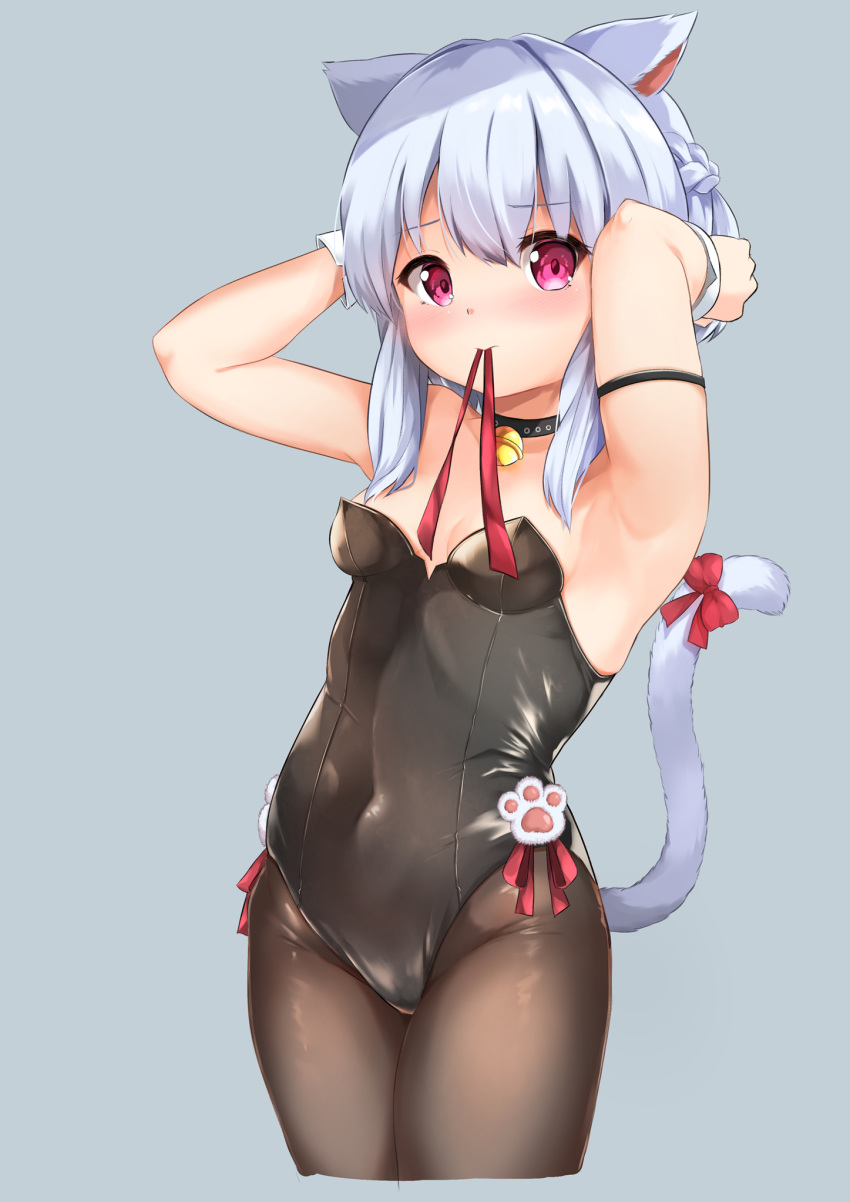 1girl animal_ears armpits bangs bare_shoulders bell black_collar black_legwear black_leotard blush bow braid breasts cat_ears cat_girl cat_tail closed_mouth collar commentary_request covered_navel cropped_legs eyebrows_visible_through_hair grey_background grey_hair hair_between_eyes hands_up highres jingle_bell leotard mouth_hold neck_bell original pantyhose playboy_bunny purple_eyes red_bow red_ribbon ribbon ribbon_in_mouth simple_background small_breasts solo sora_(silent_square) strapless strapless_leotard tail tail_bow tail_ornament tail_raised tying_hair