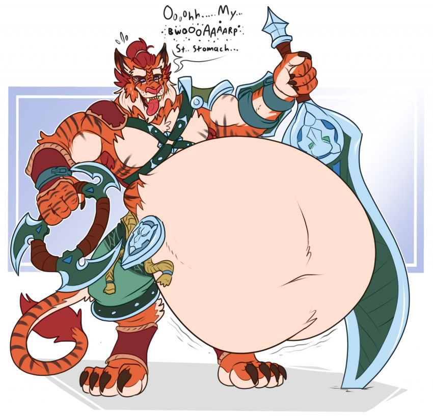 anthro belly big_belly bloated burping chakram eggo21 felid fur hi_res inflation male mammal melee_weapon muscular muscular_male open_mouth orange_body orange_fur paladins pantherine sharp_teeth solo sword teeth tiberius_(paladins) tiger tongue tongue_out weapon