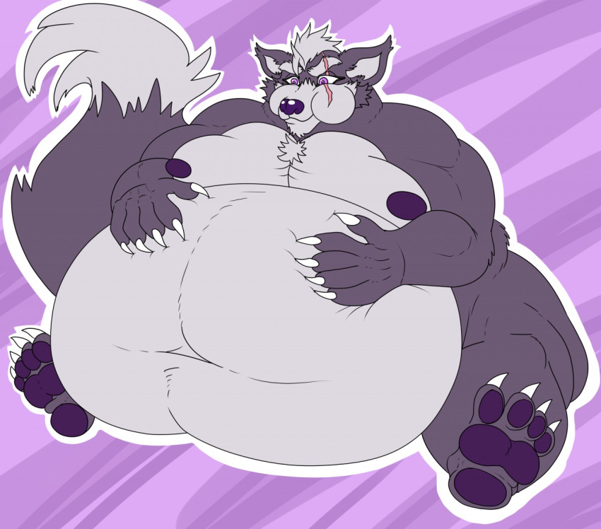 anthro belly big_belly canid canine canis eggo21 eye_scar facial_scar fur grey_body grey_fur hand_on_stomach male mammal morbidly_obese muscular muscular_male nintendo obese overweight purple_eyes scar solo star_fox strongfat video_games wolf wolf_o'donnell