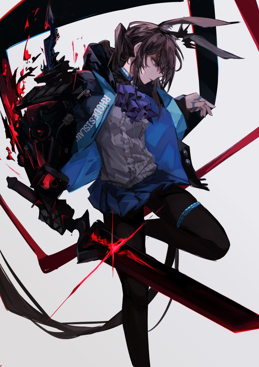 1girl absurdres amiya_(arknights) amiya_(guard)_(arknights) animal_ears arknights arm_armor armor aura bangs black_armor black_fire black_hood black_jacket black_legwear blue_collar blue_eyes blue_jacket blue_skirt breasts brown_hair check_commentary collar commentary commentary_request crown dark_aura energy_sword extra_ears fire foot_out_of_frame foot_up frilled_shirt frills from_side gauntlets glowing glowing_armor glowing_sword glowing_weapon highres holding holding_sword holding_weapon hood hood_down hooded_jacket jabot jacket jewelry knee_up long_bangs looking_down medium_hair mini_crown miniskirt neck_ring official_alternate_costume open_clothes open_jacket originium_arts_(arknights) pantyhose parted_lips pleated_skirt rabbit_ears rabbit_girl red_pupils ring serious shirt shoulder_armor single_gauntlet skirt small_breasts solo standing standing_on_one_leg sword thigh_strap weapon white_background white_shirt zeanue_illust zipper