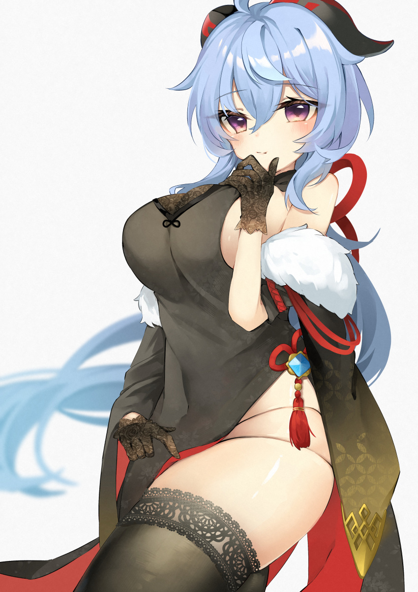 1girl absurdres ahoge alternate_costume bangs bare_shoulders black_gloves black_legwear blue_hair blush breasts china_dress chinese_clothes dress ebichiri_sunday eyebrows_visible_through_hair frilled_legwear ganyu_(genshin_impact) genshin_impact gloves highres horns large_breasts long_hair looking_at_viewer purple_eyes sidelocks skindentation solo standing thighhighs vision_(genshin_impact) white_background