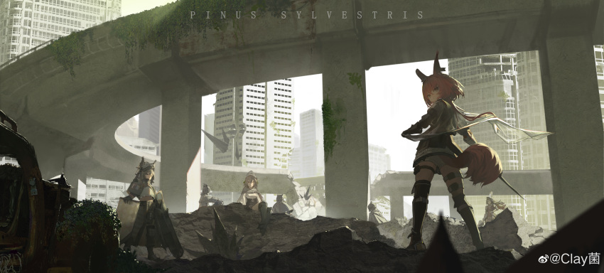 3others 4girls absurdres animal_ears arknights armor armored_boots ashlock_(arknights) black_cape black_skirt boots breastplate brown_eyes brown_hair building cape city clay_(clayjun) day ear_covers ear_tag earpiece fartooth_(arknights) flametail_(arknights) from_behind grey_eyes grey_footwear grey_hair grey_shorts hair_between_eyes hand_on_hip highres holding holding_polearm holding_shield holding_weapon lance long_hair looking_at_viewer looking_back midriff_peek multiple_girls multiple_others originium_(arknights) oripathy_lesion_(arknights) outdoors overgrown polearm rock rubble ruins scenery shield shirt short_hair_with_long_locks shorts shoulder_guard sitting skirt skyscraper smile squirrel_ears squirrel_girl squirrel_tail standing tail thigh_strap visor_(armor) visor_lift weapon weibo_username white_shirt wild_mane_(arknights) yellow_eyes