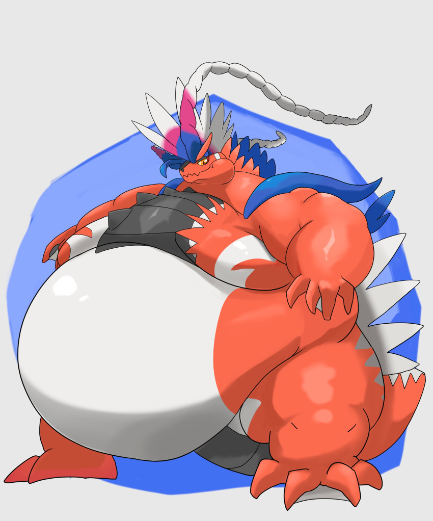 2022 absurd_res ambiguous_gender anthro belly big_belly dragon feathers hamonica029 hi_res koraidon legendary_pok&eacute;mon looking_at_viewer morbidly_obese morbidly_obese_ambiguous morbidly_obese_anthro multicolored_body multicolored_feathers nintendo nude obese obese_ambiguous obese_anthro overweight overweight_ambiguous overweight_anthro pok&eacute;mon simple_background solo standing video_games white_background