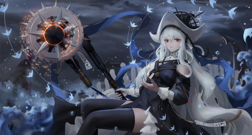 absurdres arknights black_background black_dress black_headwear black_legwear breasts bubble chain circular_saw commentary detached_sleeves dress english_commentary feet_out_of_frame fish hair_between_eyes hand_up hat hat_ornament highres holding holding_weapon ling_dianxia long_hair looking_at_viewer official_alternate_costume parted_lips purple_nails red_eyes sitting sleeveless sleeveless_dress small_breasts specter_(arknights) specter_the_unchained_(arknights) tassel thighhighs thighs underwater very_long_hair weapon