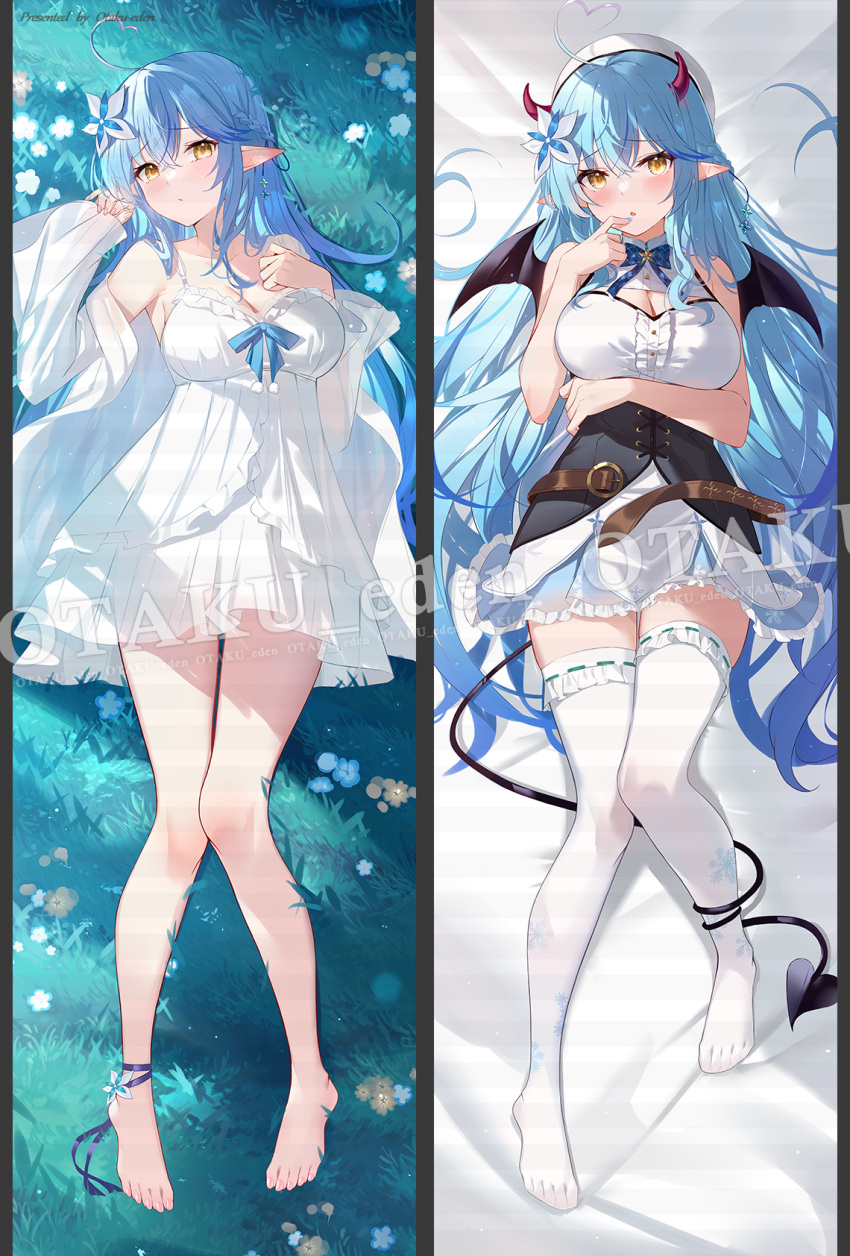 1girl ahoge arm_under_breasts bangs bare_arms barefoot belt blue_bow blue_bowtie blue_hair blue_nails blush bow bowtie braid breasts brown_belt cleavage cleavage_cutout clothing_cutout colored_tips corset dakimakura_(medium) demon_horns demon_tail demon_wings dress elf finger_to_mouth flower frilled_legwear frilled_skirt frills full_body hair_between_eyes hair_flower hair_ornament heart heart_ahoge heiyan_shenshi highres hololive horns large_breasts long_hair looking_at_viewer lying multicolored_hair multiple_views nail_polish no_shoes on_back parted_lips pointy_ears print_skirt shirt skirt sleeveless sleeveless_shirt snowflake_print streaked_hair tail tail_around_leg thighhighs very_long_hair virtual_youtuber watermark white_dress white_flower white_legwear white_shirt wings yellow_eyes yukihana_lamy