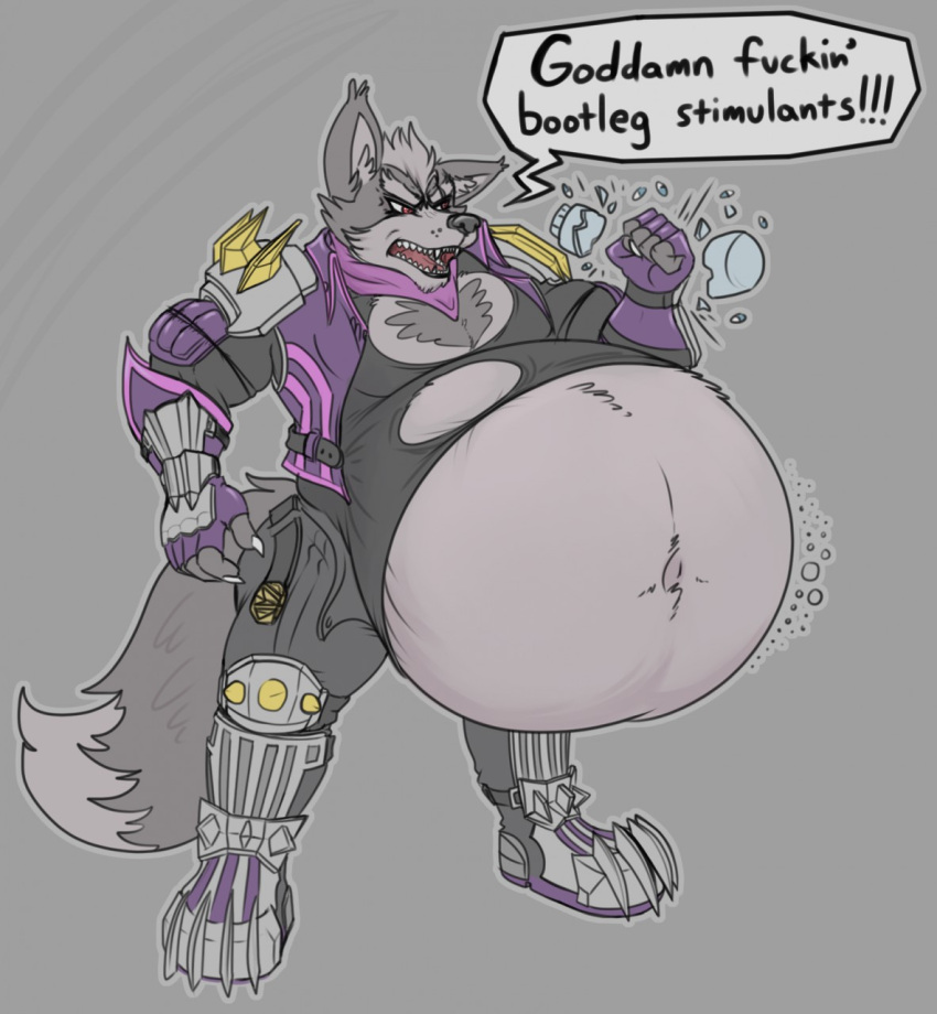 anthro belly big_belly bloated canid canine canis clothing eggo21 eye_scar facial_scar fur grey_body grey_fur hi_res inflation male mammal muscular muscular_male nintendo open_mouth red_eyes scar sharp_teeth solo star_fox teeth torn_clothing video_games wolf wolf_o'donnell