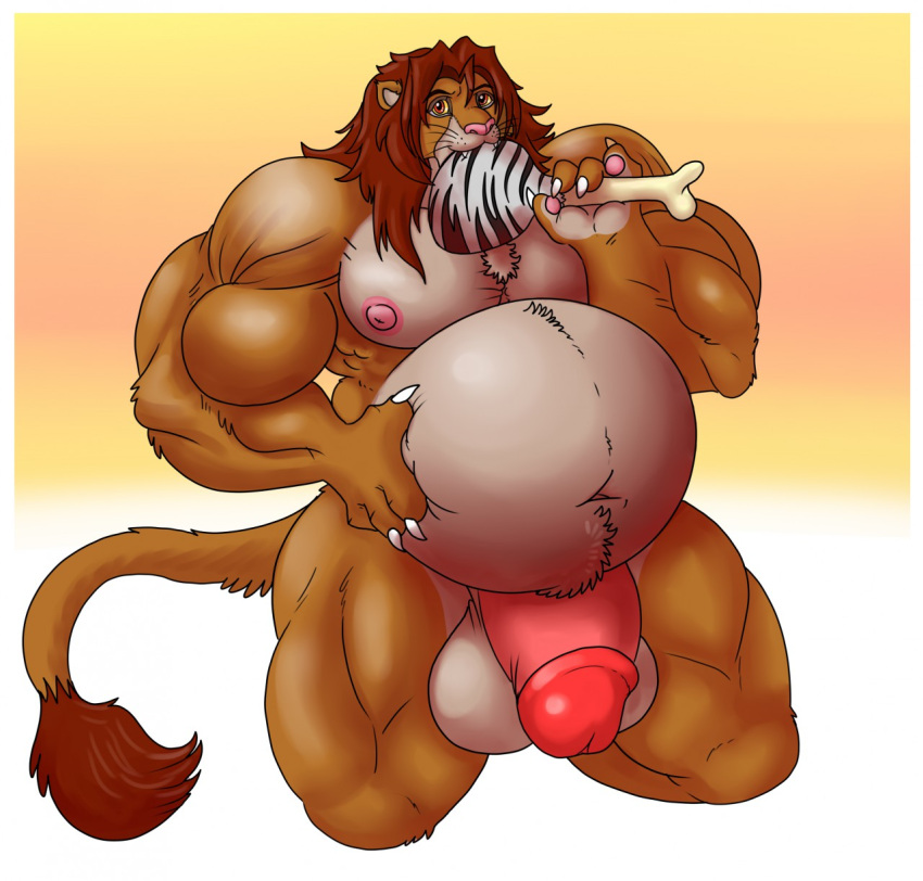 anthro balls belly big_balls big_belly big_penis bloated disney eating eggo21 felid food genitals hand_on_stomach hi_res lion male mammal meat muscular muscular_male obese overweight pantherine penis simba solo strongfat stuffing the_lion_king