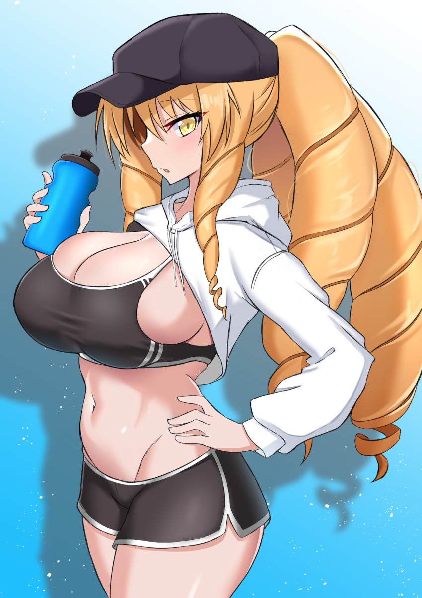 1girl bangs baseball_cap black_headwear black_shorts blonde_hair blue_background blush bottle breasts cleavage coyomin cropped_jacket dolphin_shorts drawstring drill_hair fate/kaleid_liner_prisma_illya fate_(series) gradient gradient_background hat highres hood hooded_jacket jacket large_breasts long_hair long_sleeves looking_at_viewer luviagelita_edelfelt navel open_mouth ponytail shadow short_shorts shorts shrug_(clothing) sideboob sidelocks solo thighs very_long_hair water_bottle yellow_eyes