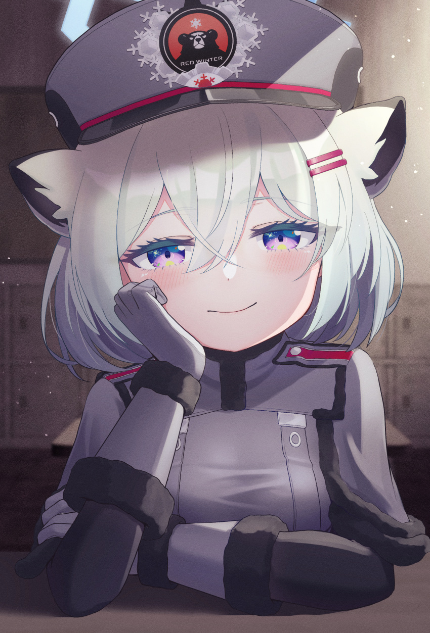 1girl absurdres animal_ears blue_archive blue_hair blush cal_minutes epaulettes gloves hair_ornament hairclip hand_on_own_chin hat highres looking_at_viewer military military_hat military_uniform purple_eyes shigure_(blue_archive) short_hair smile solo uniform visor_cap