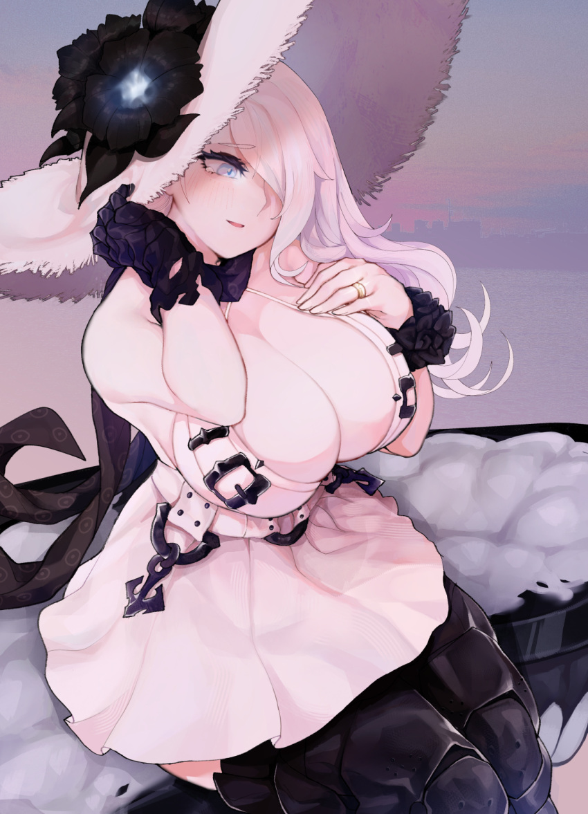 1girl abyssal_ship black_gloves blue_eyes boots breasts cleavage collarbone dress gloves hair_over_one_eye hand_on_own_chest hat highres huge_breasts jewelry kantai_collection long_hair looking_at_viewer ring seaport_summer_princess single_glove sitting solo sun_hat thigh_boots uni_(oni_unicorn) wedding_band white_dress white_hair white_headwear